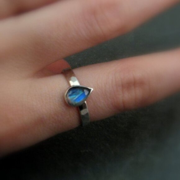 Rainbow Moonstone Rose Cut Pear Ring Size 7 - 925 Sterling Silver Ring N… - Picture 2 of 5